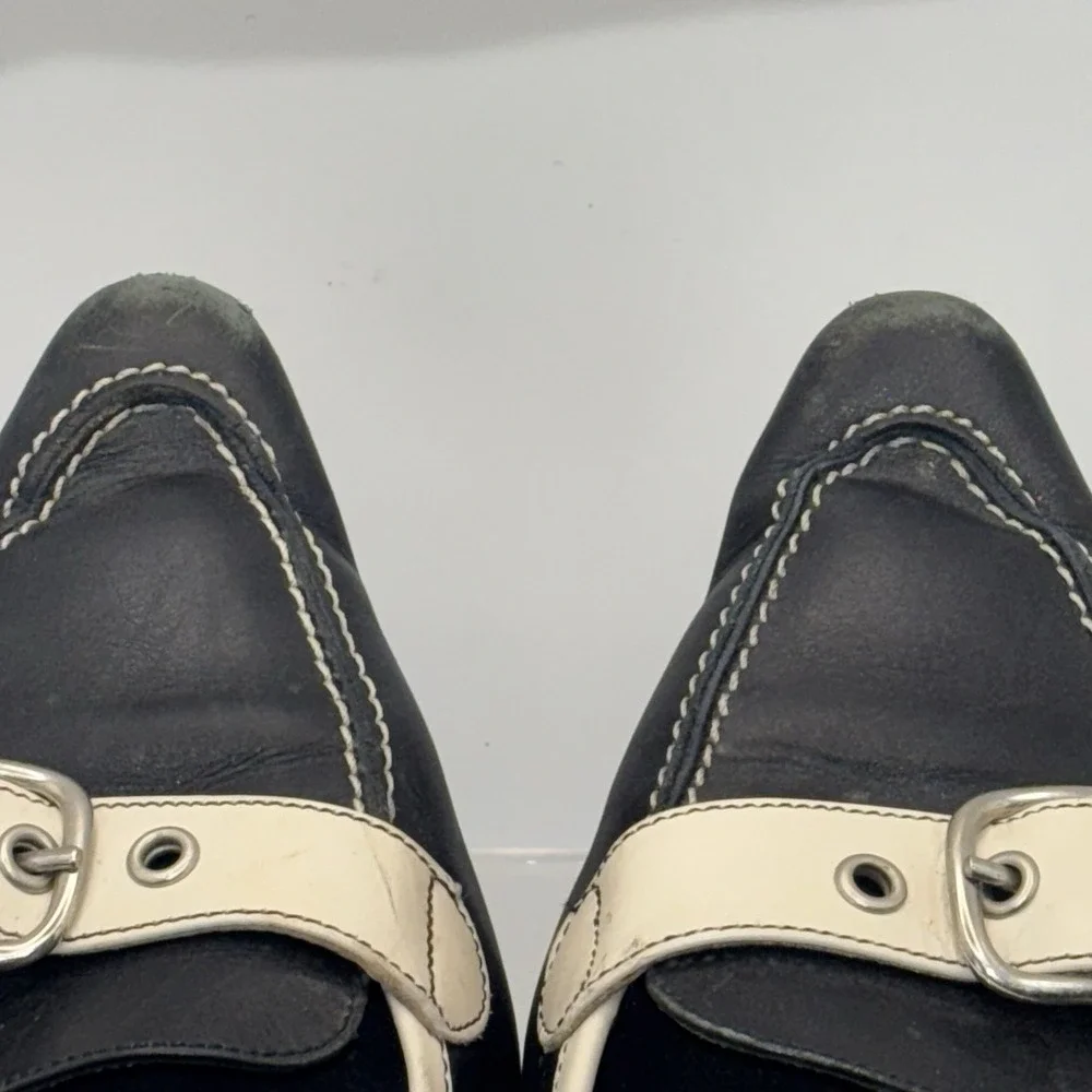 Vintage Coach Black Leather Buckle Loafers White Trim‎ Flats Size 8 B Italy